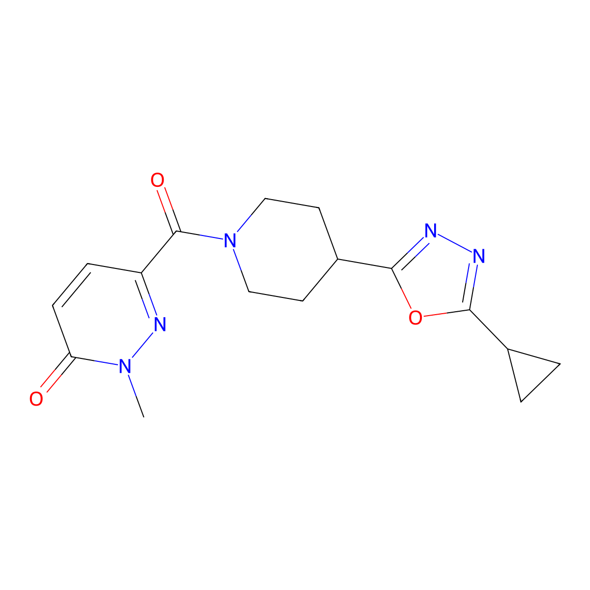 6-(4-(5-cyclopropyl-1,3,4-oxadiazol-2-yl)piperidine-1-carbonyl)-2-methylpyridazin-3(2H)-one molecular structure, CAS 1208682-85-2