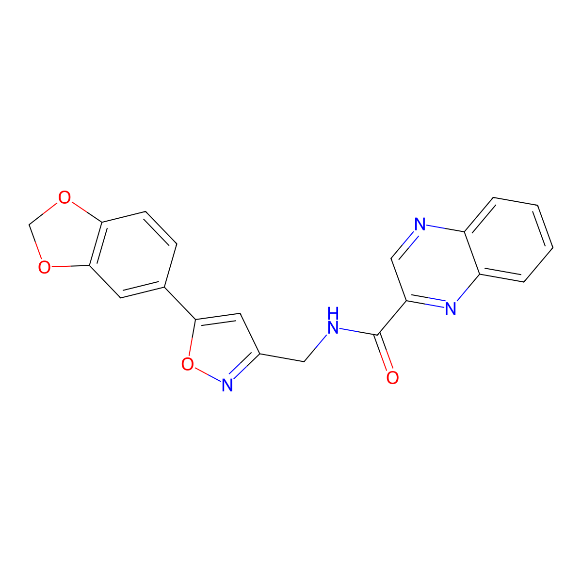 N-((5-(benzo[d][1,3]dioxol-5-yl)isoxazol-3-yl)methyl)quinoxaline-2-carboxamide molecular structure, CAS 1208686-80-9