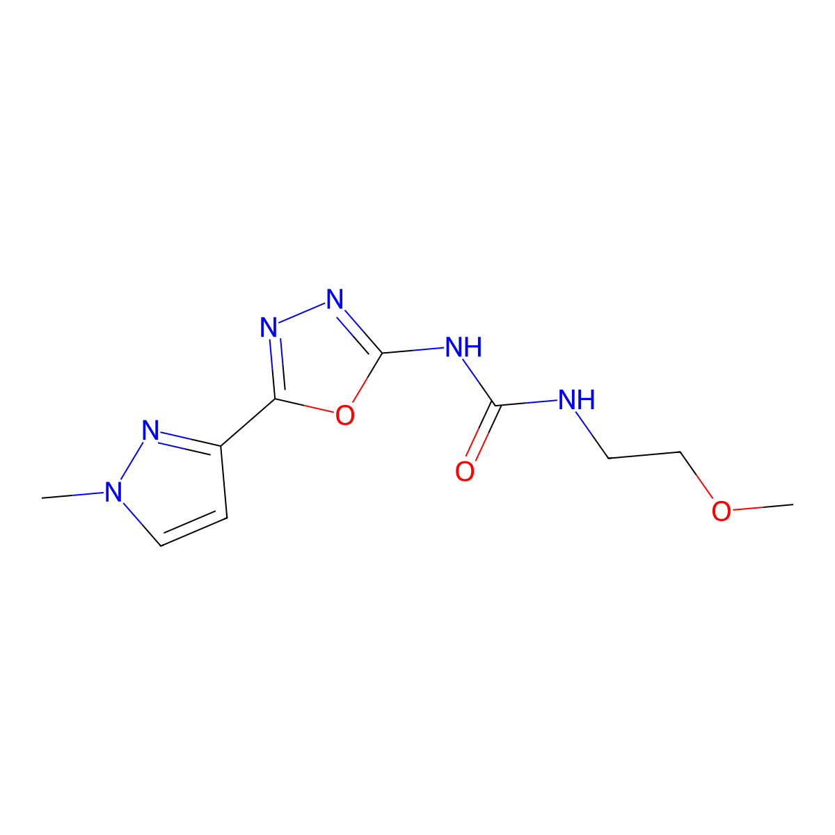 1-(2-methoxyethyl)-3-(5-(1-methyl-1H-pyrazol-3-yl)-1,3,4-oxadiazol-2-yl)urea molecular structure, CAS 1208687-93-7