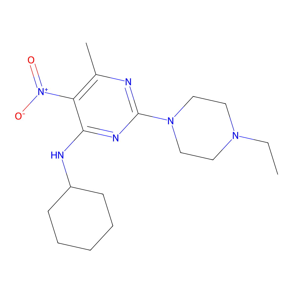 N-cyclohexyl-2-(4-ethylpiperazin-1-yl)-6-methyl-5-nitropyrimidin-4-amine molecular structure, CAS 1208691-39-7