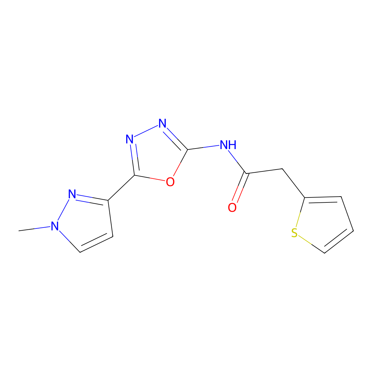 N-[5-(1-methyl-1H-pyrazol-3-yl)-1,3,4-oxadiazol-2-yl]-2-(thiophen-2-yl)acetamide molecular structure, CAS 1208697-19-1