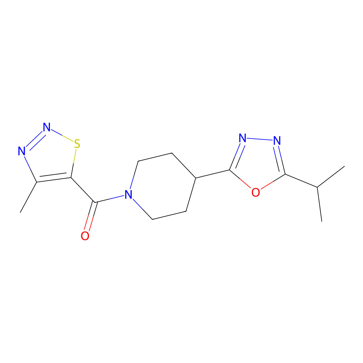 (4-(5-Isopropyl-1,3,4-oxadiazol-2-yl)piperidin-1-yl)(4-methyl-1,2,3-thiadiazol-5-yl)methanone molecular structure, CAS 1208707-36-1