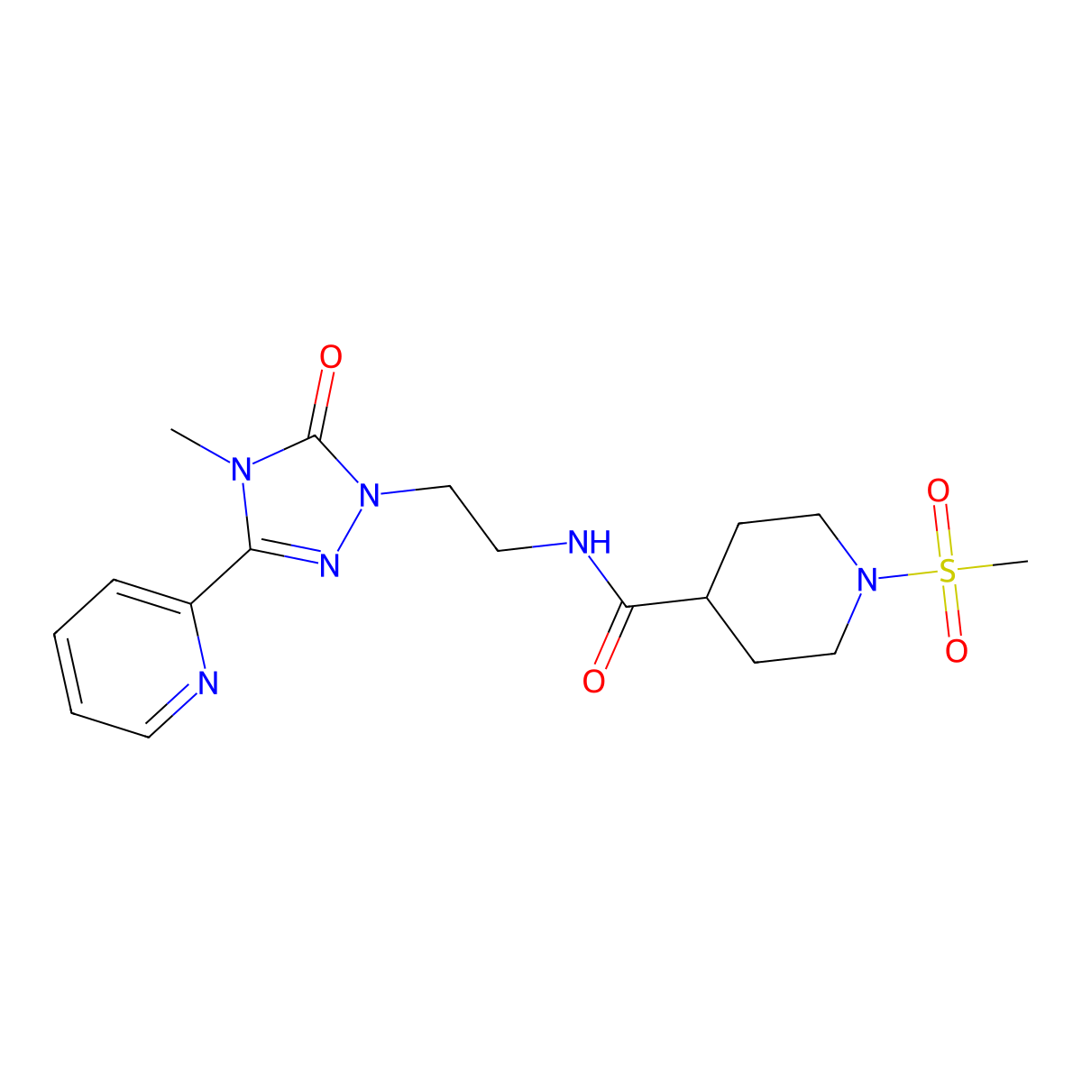 N-(2-(4-methyl-5-oxo-3-(pyridin-2-yl)-4,5-dihydro-1H-1,2,4-triazol-1-yl)ethyl)-1-(methylsulfonyl)piperidine-4-carboxamide molecular structure, CAS 1208708-72-8
