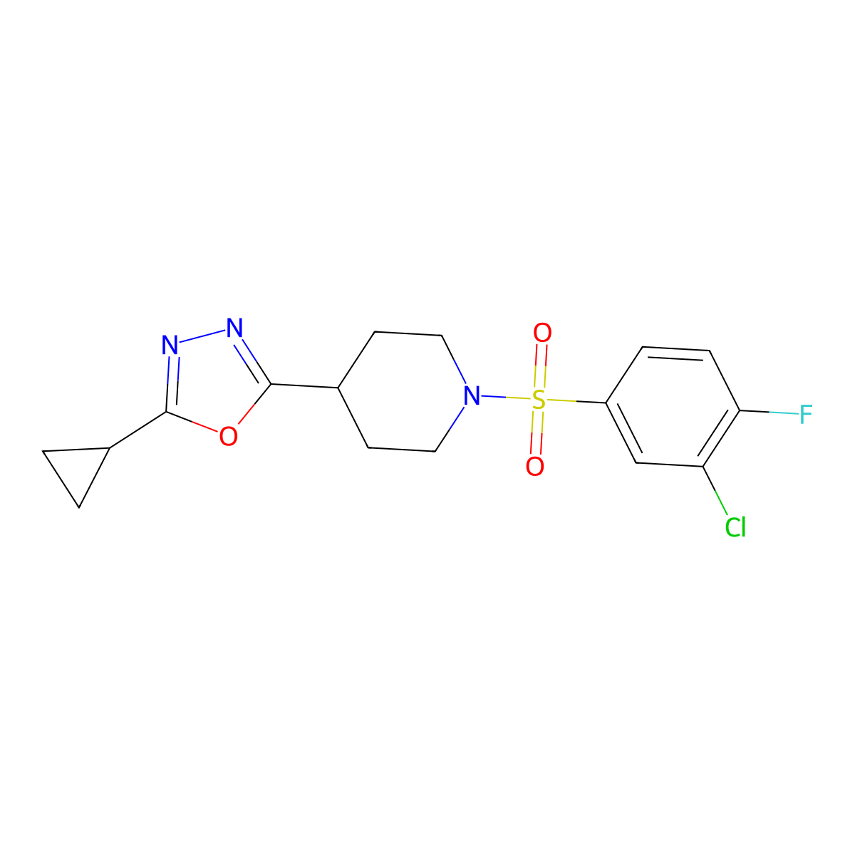 2-(1-((3-Chloro-4-fluorophenyl)sulfonyl)piperidin-4-yl)-5-cyclopropyl-1,3,4-oxadiazole molecular structure, CAS 1208713-12-5