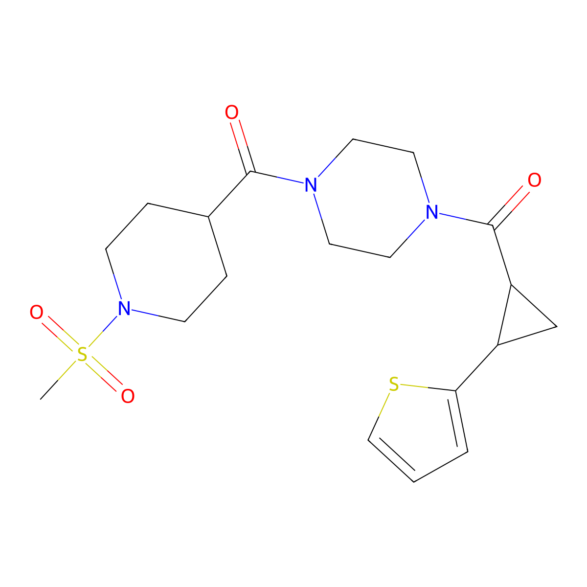 (1-(Methylsulfonyl)piperidin-4-yl)(4-(2-(thiophen-2-yl)cyclopropanecarbonyl)piperazin-1-yl)methanone molecular structure, CAS 1208718-77-7