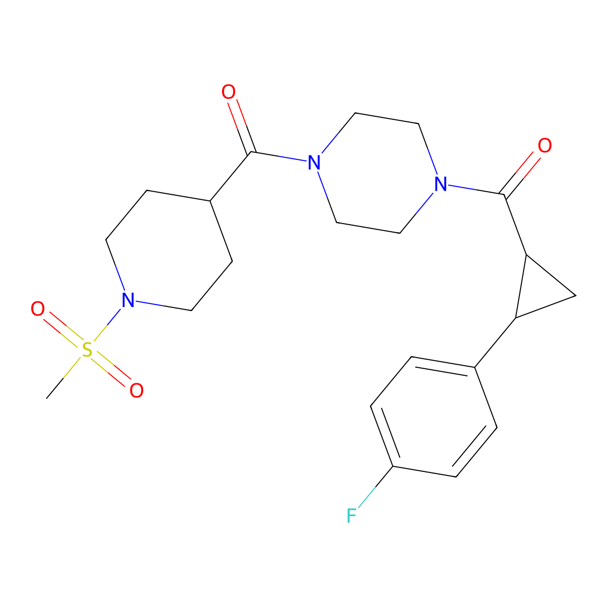 (4-(2-(4-Fluorophenyl)cyclopropanecarbonyl)piperazin-1-yl)(1-(methylsulfonyl)piperidin-4-yl)methanone molecular structure, CAS 1208726-88-8