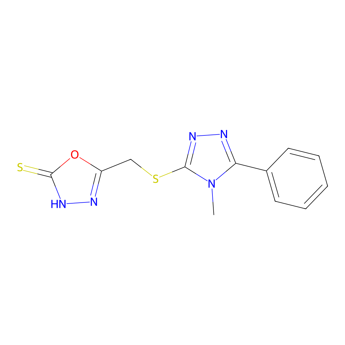5-{[(4-methyl-5-phenyl-4H-1,2,4-triazol-3-yl)sulfanyl]methyl}-1,3,4-oxadiazole-2(3H)-thione molecular structure, CAS 120873-57-6