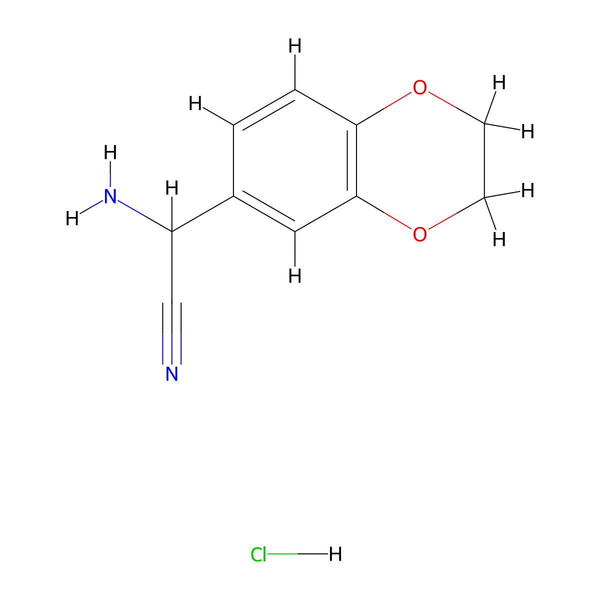 2-Amino-2-(2,3-dihydro-1,4-benzodioxin-6-yl)acetonitrile hydrochloride molecular structure, CAS 1208730-84-0