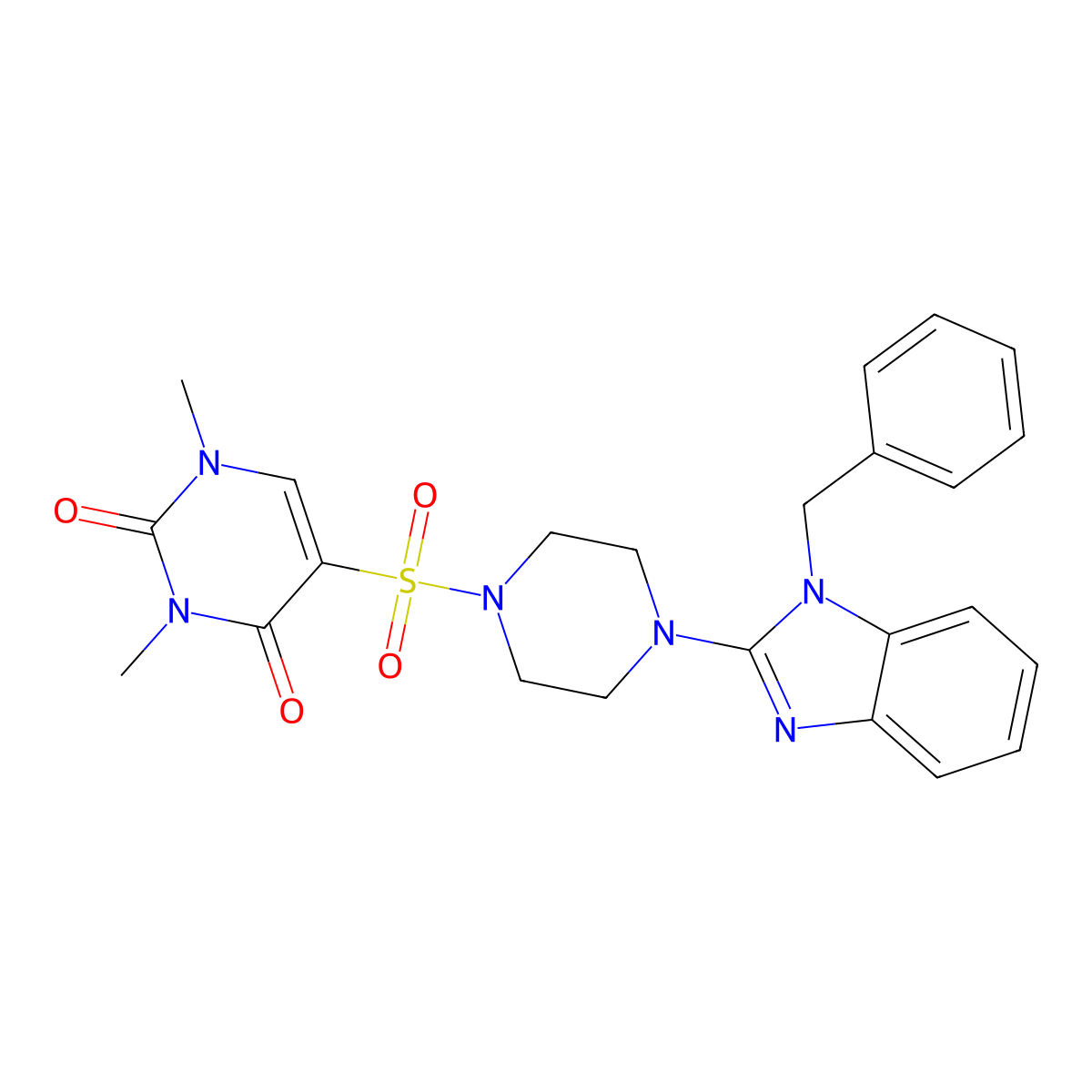 5-((4-(1-benzyl-1H-benzo[d]imidazol-2-yl)piperazin-1-yl)sulfonyl)-1,3-dimethylpyrimidine-2,4(1H,3H)-dione molecular structure, CAS 1208731-99-0