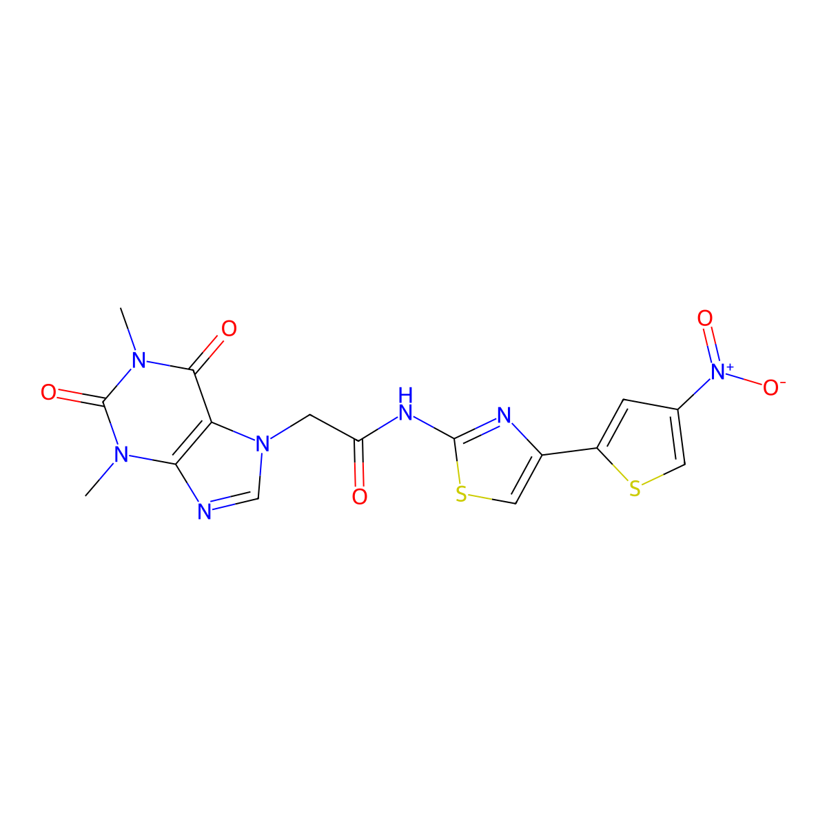 2-(1,3-dimethyl-2,6-dioxo-2,3-dihydro-1H-purin-7(6H)-yl)-N-(4-(4-nitrothiophen-2-yl)thiazol-2-yl)acetamide molecular structure, CAS 1208747-26-5