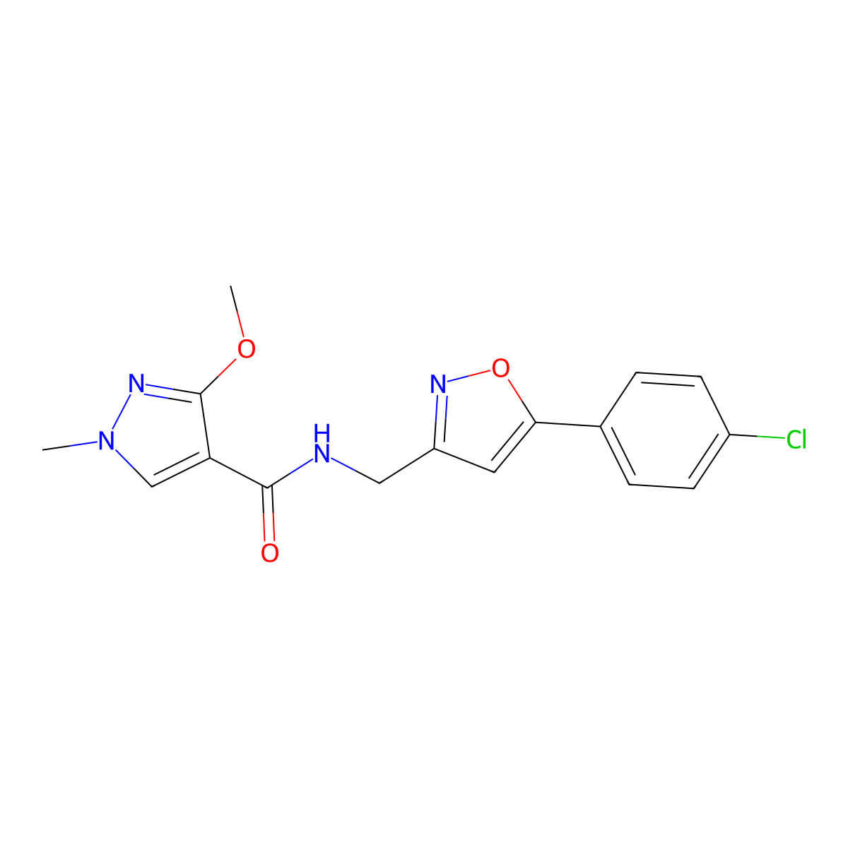 N-((5-(4-chlorophenyl)isoxazol-3-yl)methyl)-3-methoxy-1-methyl-1H-pyrazole-4-carboxamide molecular structure, CAS 1208754-71-5