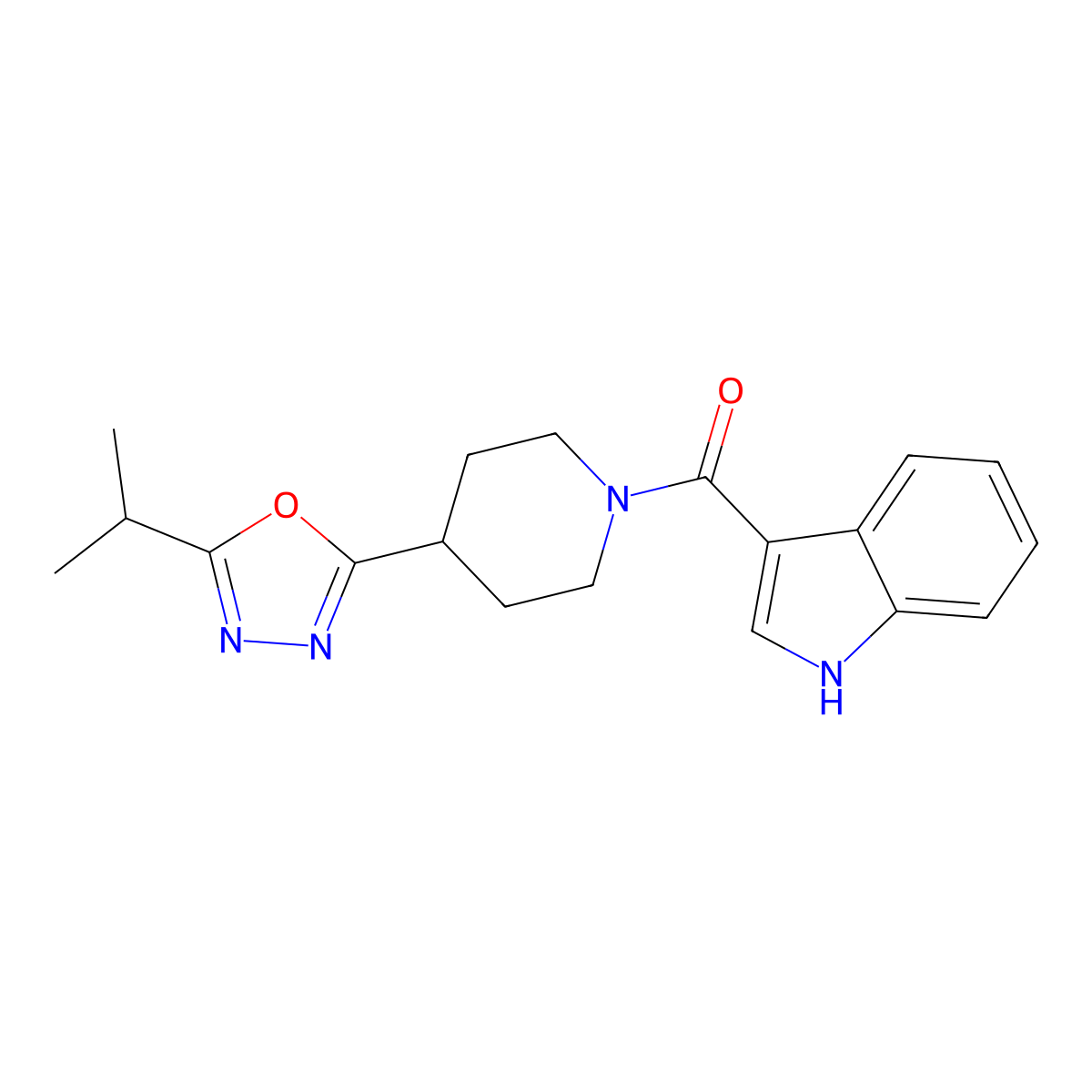 (1H-indol-3-yl)(4-(5-isopropyl-1,3,4-oxadiazol-2-yl)piperidin-1-yl)methanone molecular structure, CAS 1208762-54-2