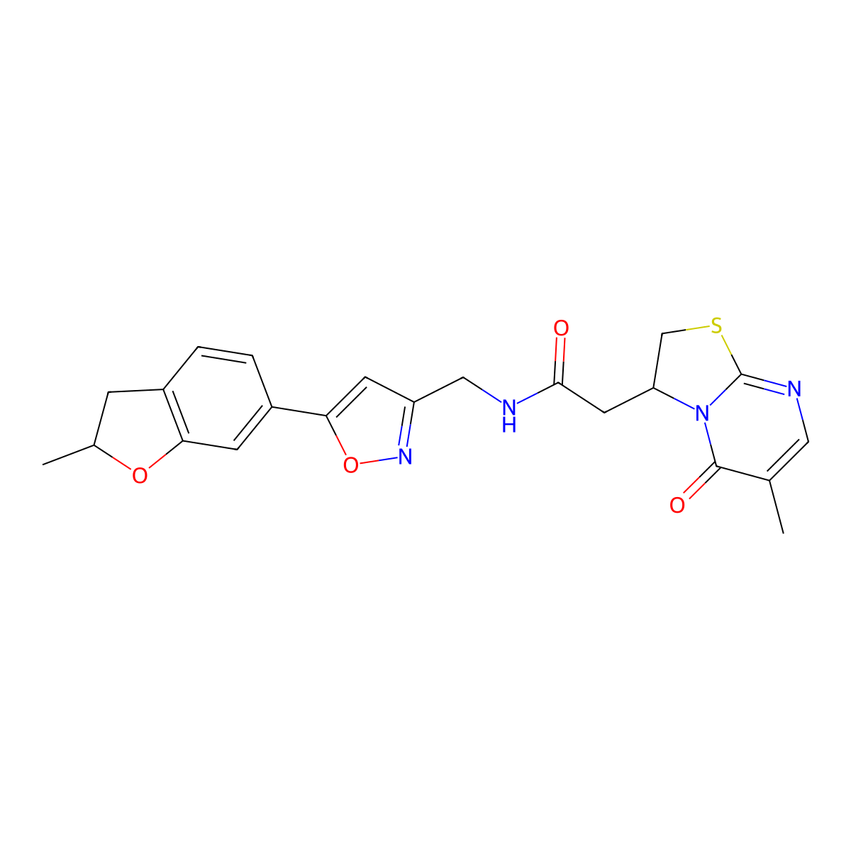 N-((5-(2-methyl-2,3-dihydrobenzofuran-6-yl)isoxazol-3-yl)methyl)-2-(6-methyl-5-oxo-3,5-dihydro-2H-thiazolo[3,2-a]pyrimidin-3-yl)acetamide molecular structure, CAS 1208764-25-3