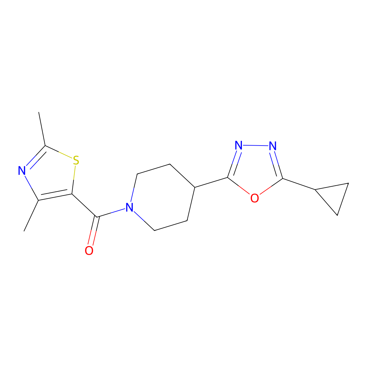 (4-(5-Cyclopropyl-1,3,4-oxadiazol-2-yl)piperidin-1-yl)(2,4-dimethylthiazol-5-yl)methanone molecular structure, CAS 1208766-96-4