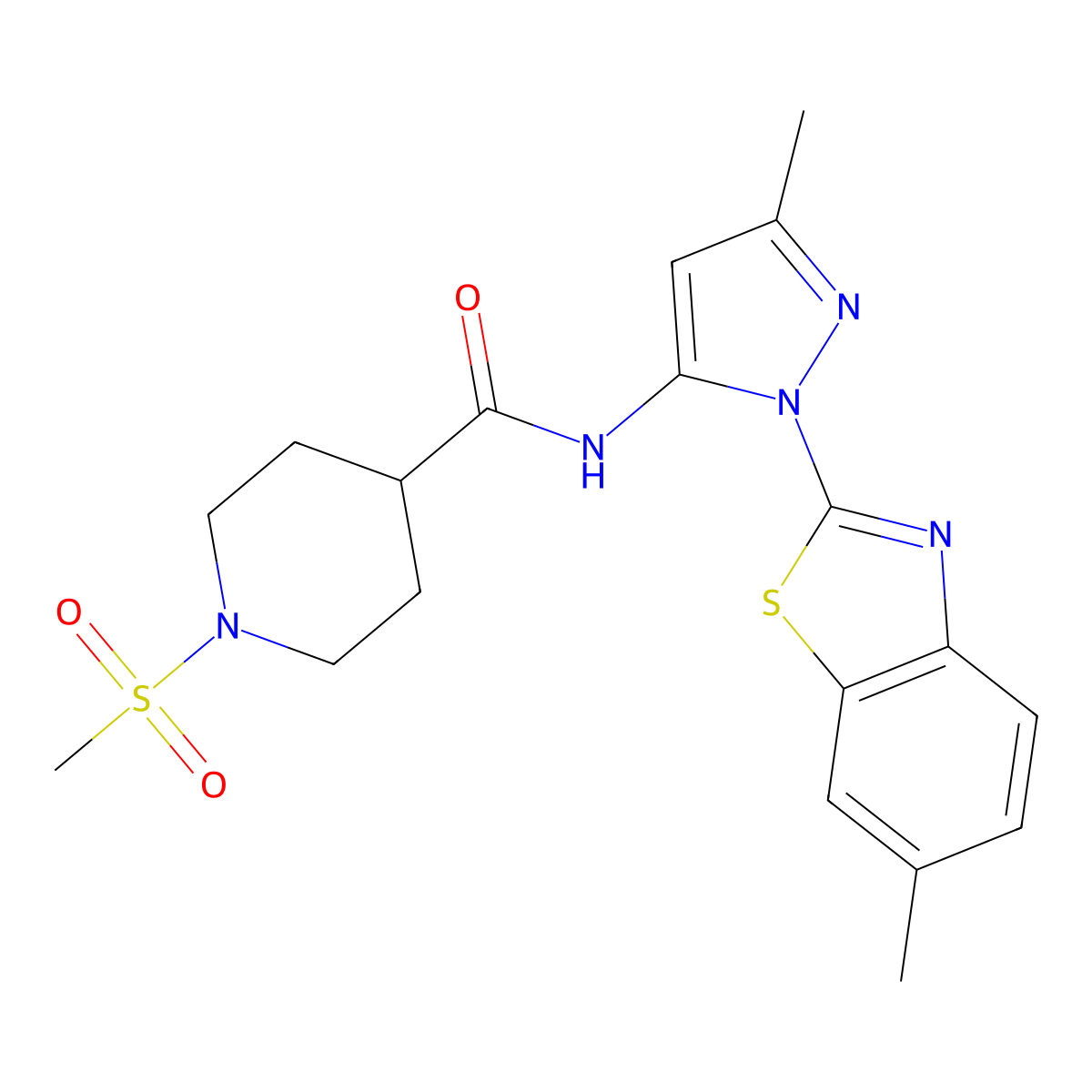 N-(3-methyl-1-(6-methylbenzo[d]thiazol-2-yl)-1H-pyrazol-5-yl)-1-(methylsulfonyl)piperidine-4-carboxamide molecular structure, CAS 1208767-03-6