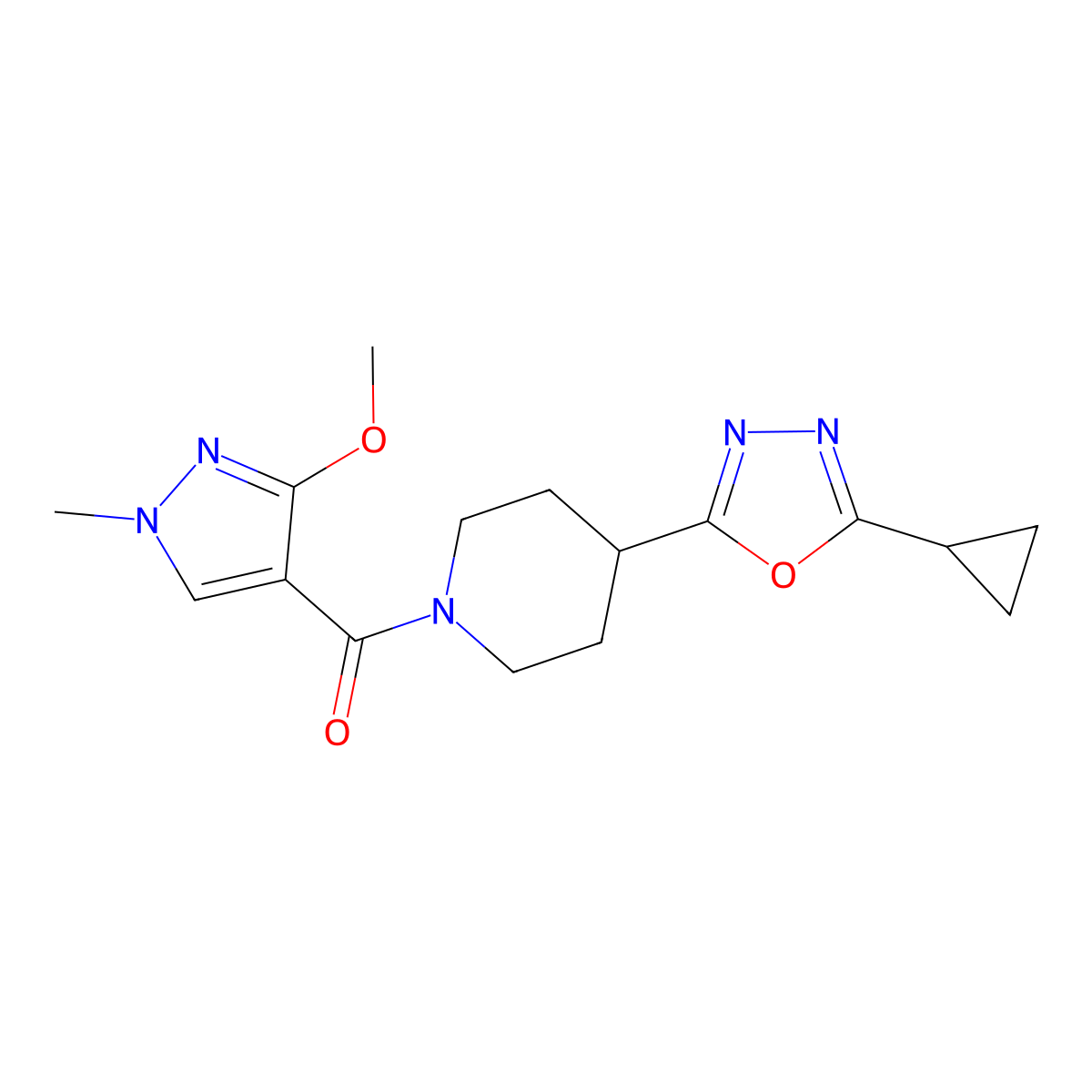 (4-(5-cyclopropyl-1,3,4-oxadiazol-2-yl)piperidin-1-yl)(3-methoxy-1-methyl-1H-pyrazol-4-yl)methanone molecular structure, CAS 1208770-89-1