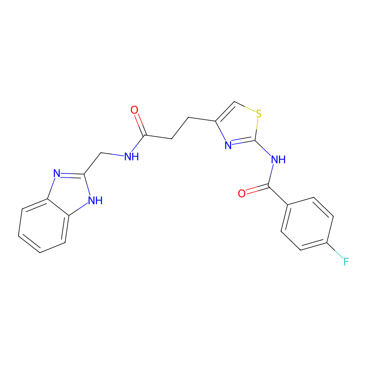 N-(4-(3-(((1H-benzo[d]imidazol-2-yl)methyl)amino)-3-oxopropyl)thiazol-2-yl)-4-fluorobenzamide molecular structure, CAS 1208771-50-9