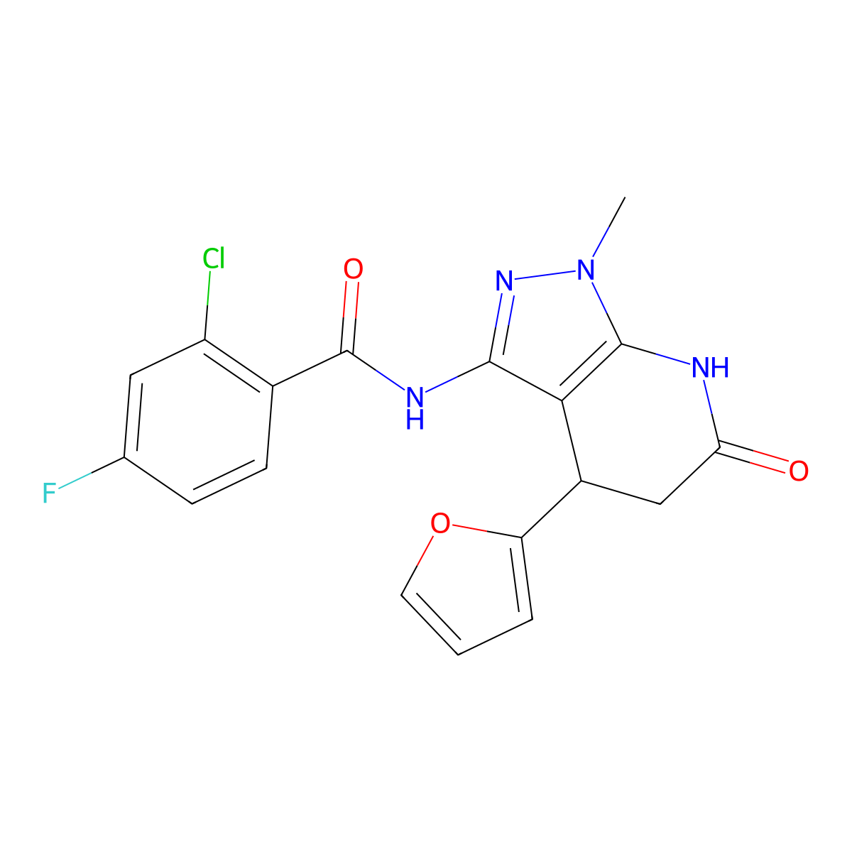 2-chloro-4-fluoro-N-(4-(furan-2-yl)-1-methyl-6-oxo-4,5,6,7-tetrahydro-1H-pyrazolo[3,4-b]pyridin-3-yl)benzamide molecular structure, CAS 1208772-37-5