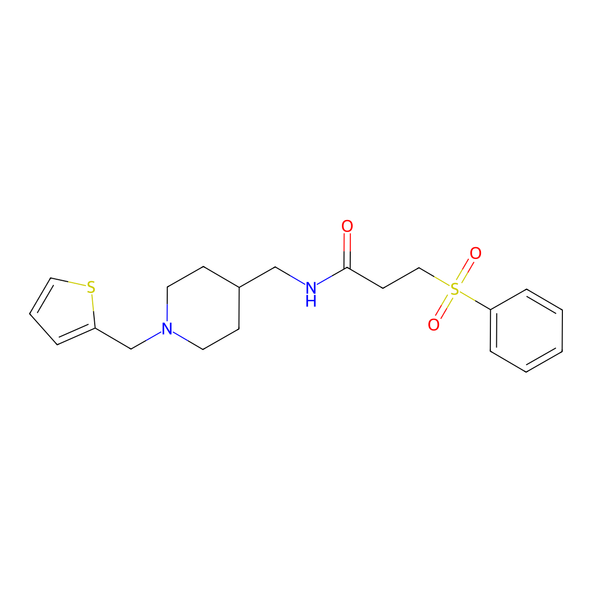 3-(phenylsulfonyl)-N-((1-(thiophen-2-ylmethyl)piperidin-4-yl)methyl)propanamide molecular structure, CAS 1208776-87-7