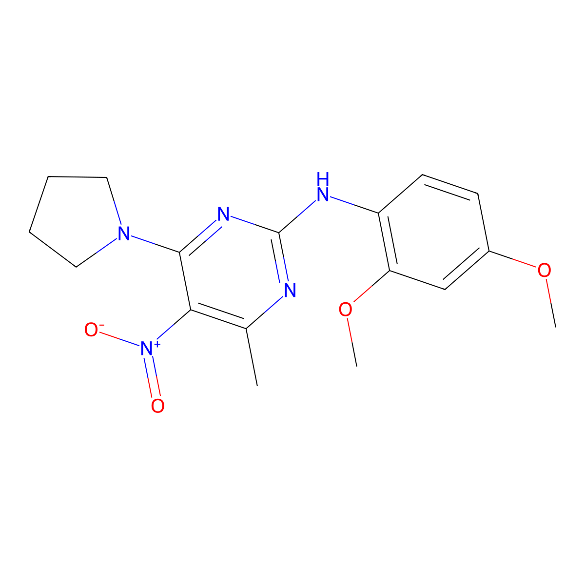 N-(2,4-dimethoxyphenyl)-4-methyl-5-nitro-6-(pyrrolidin-1-yl)pyrimidin-2-amine molecular structure, CAS 1208782-41-5