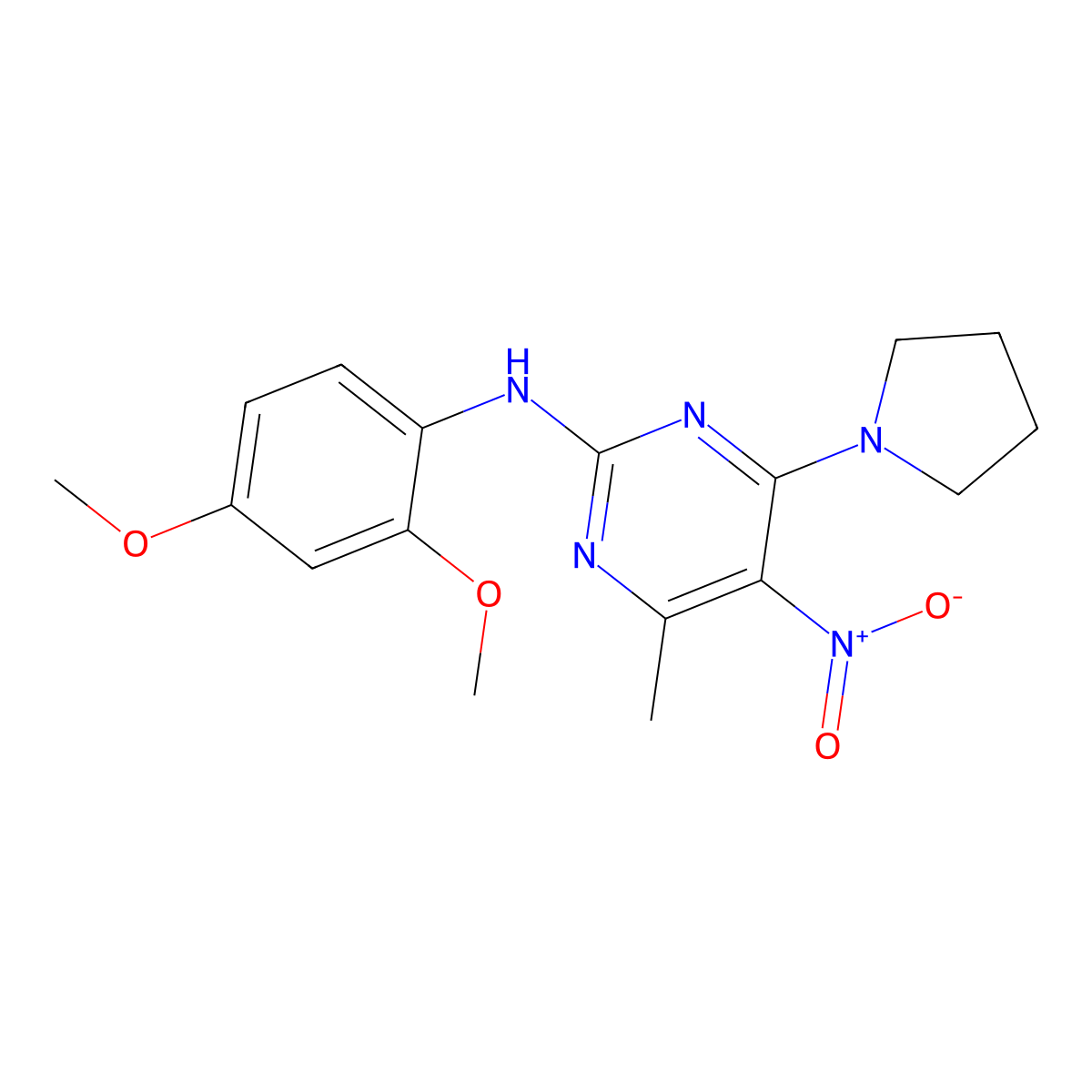 N-(2,4-dimethoxyphenyl)-4-methyl-5-nitro-6-(pyrrolidin-1-yl)pyrimidin-2-amine molecular structure, CAS 1208782-41-5