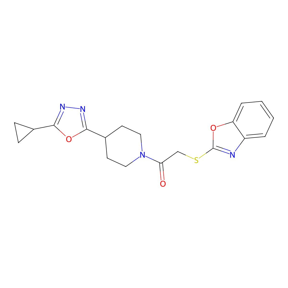2-(Benzo[d]oxazol-2-ylthio)-1-(4-(5-cyclopropyl-1,3,4-oxadiazol-2-yl)piperidin-1-yl)ethanone molecular structure, CAS 1208788-09-3