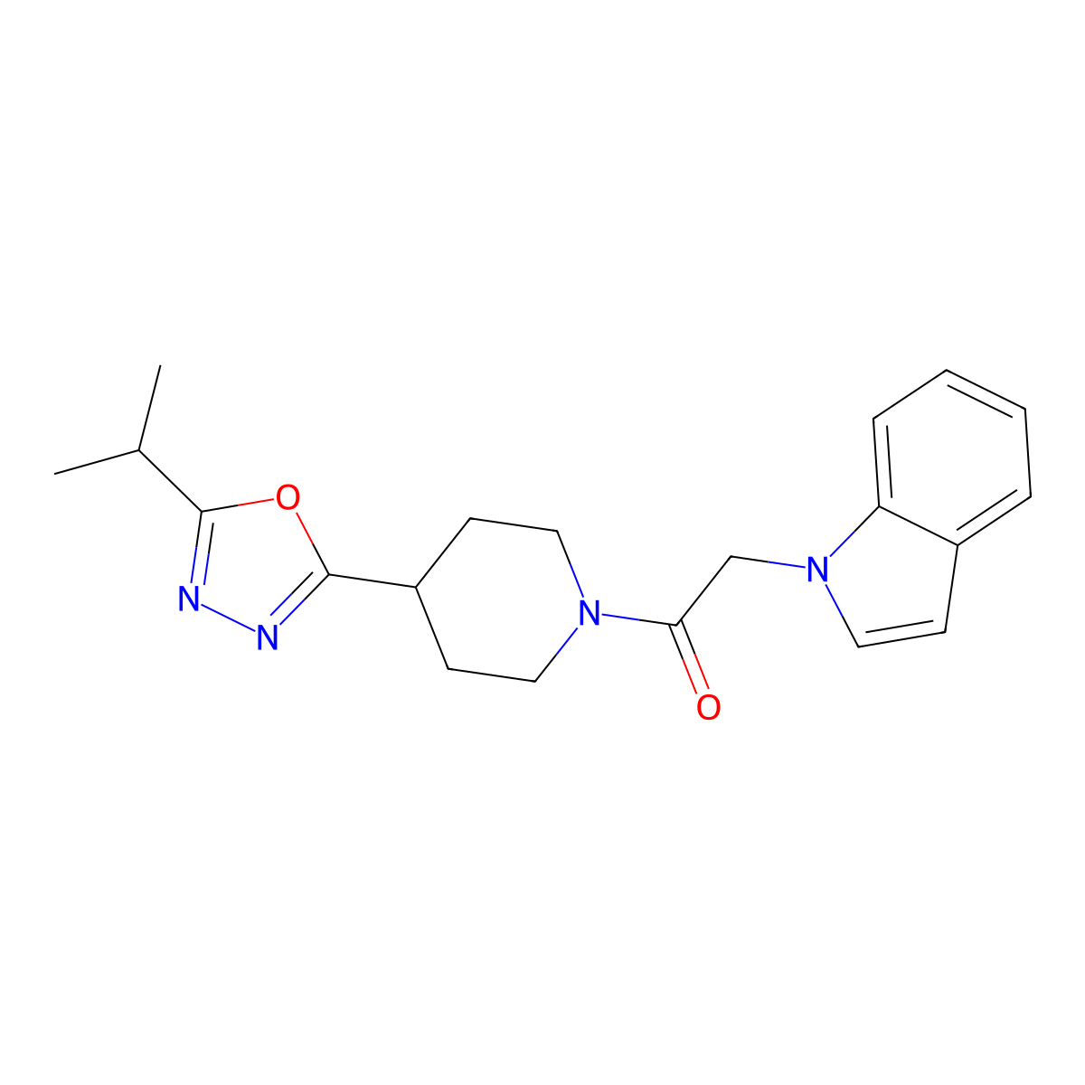 2-(1H-indol-1-yl)-1-(4-(5-isopropyl-1,3,4-oxadiazol-2-yl)piperidin-1-yl)ethanone molecular structure, CAS 1208789-37-0