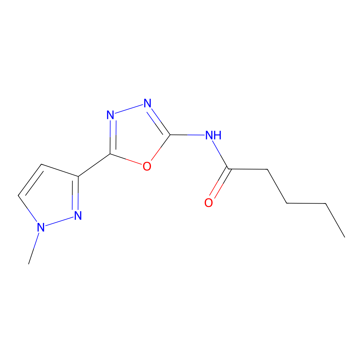 N-[5-(1-methyl-1H-pyrazol-3-yl)-1,3,4-oxadiazol-2-yl]pentanamide molecular structure, CAS 1208794-65-3