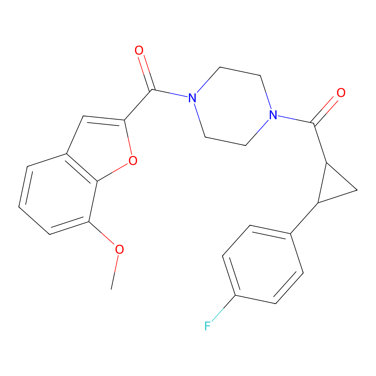 (4-(2-(4-Fluorophenyl)cyclopropanecarbonyl)piperazin-1-yl)(7-methoxybenzofuran-2-yl)methanone molecular structure, CAS 1208797-65-2