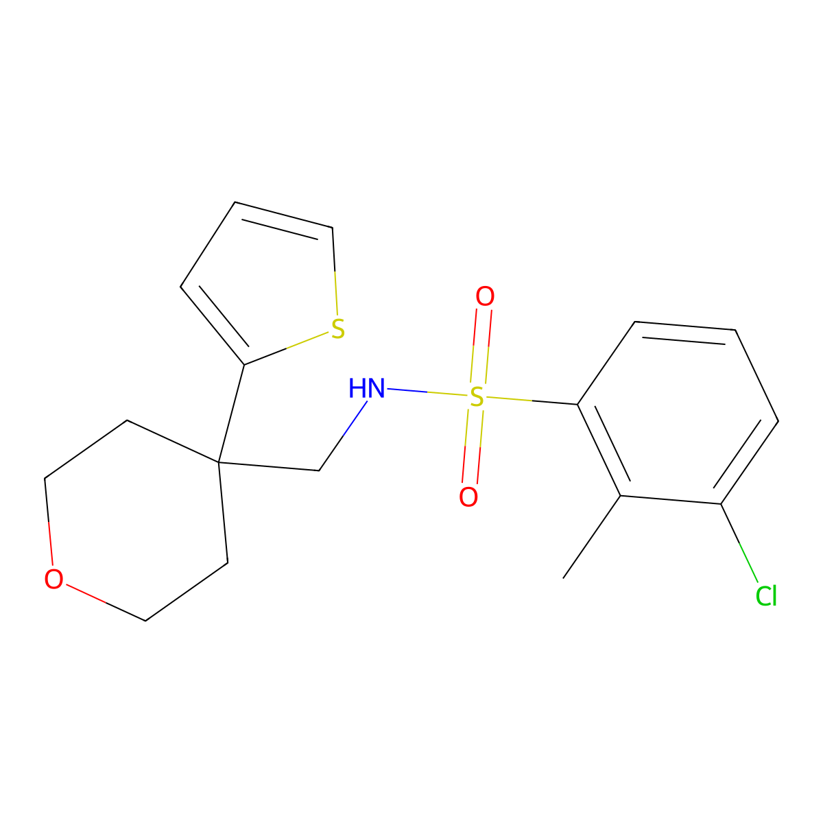 3-chloro-2-methyl-N-((4-(thiophen-2-yl)tetrahydro-2H-pyran-4-yl)methyl)benzenesulfonamide molecular structure, CAS 1208801-27-7