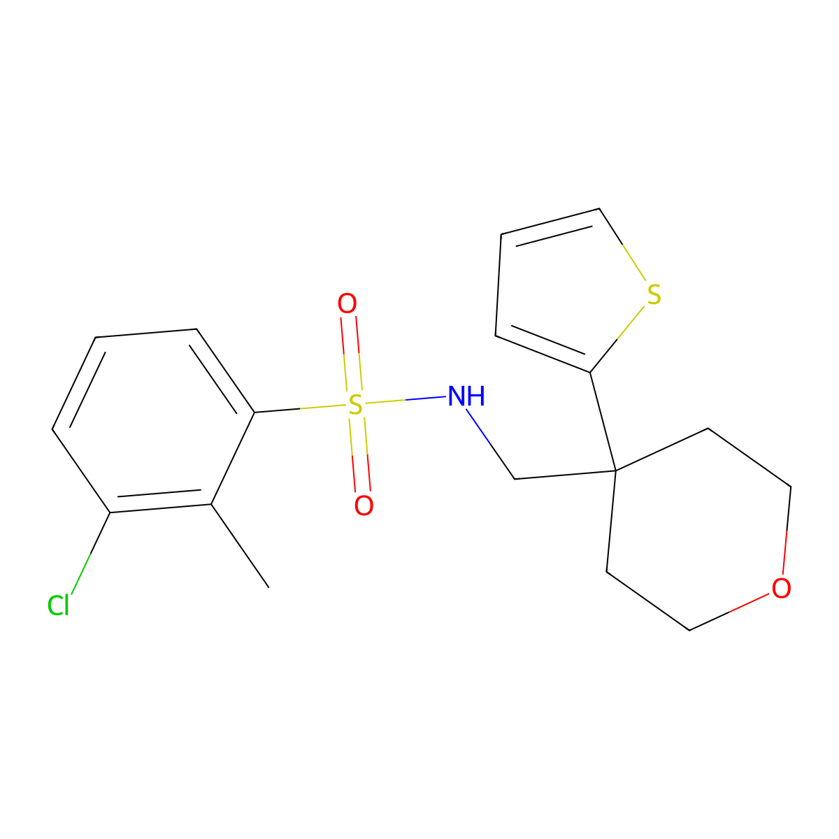 3-chloro-2-methyl-N-((4-(thiophen-2-yl)tetrahydro-2H-pyran-4-yl)methyl)benzenesulfonamide molecular structure, CAS 1208801-27-7