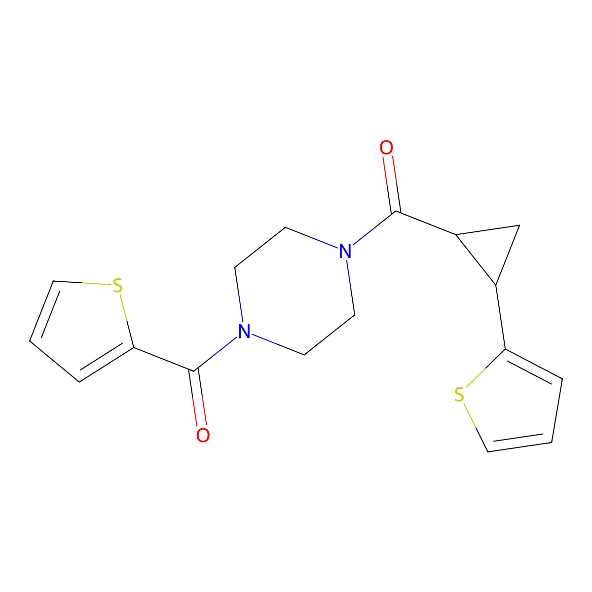 Thiophen-2-yl(4-(2-(thiophen-2-yl)cyclopropanecarbonyl)piperazin-1-yl)methanone molecular structure, CAS 1208804-16-3