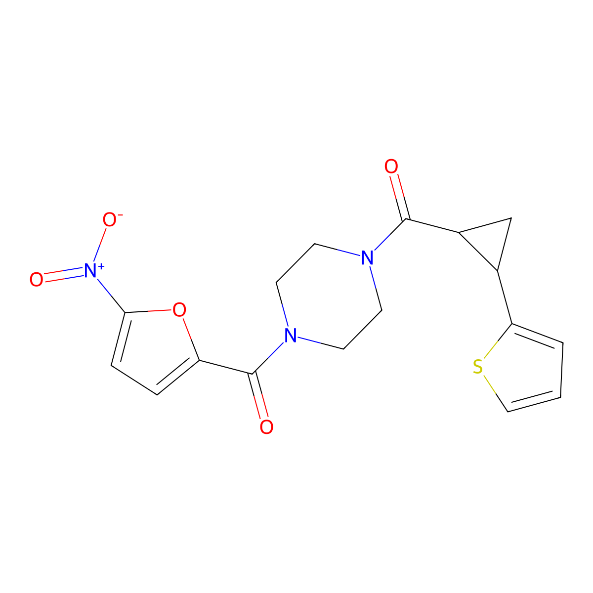 (4-(5-Nitrofuran-2-carbonyl)piperazin-1-yl)(2-(thiophen-2-yl)cyclopropyl)methanone molecular structure, CAS 1208805-68-8