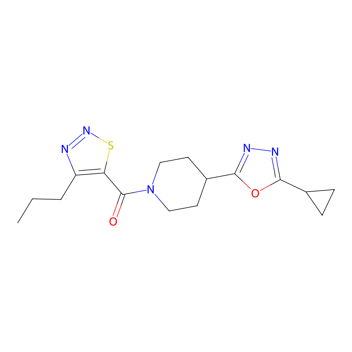 (4-(5-Cyclopropyl-1,3,4-oxadiazol-2-yl)piperidin-1-yl)(4-propyl-1,2,3-thiadiazol-5-yl)methanone molecular structure, CAS 1208810-43-8