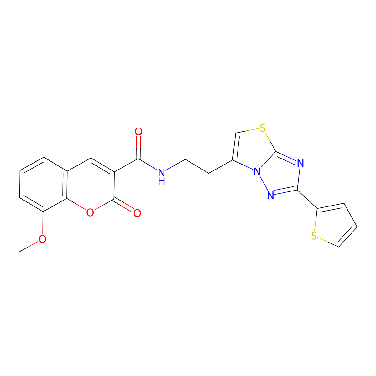 8-methoxy-2-oxo-N-(2-(2-(thiophen-2-yl)thiazolo[3,2-b][1,2,4]triazol-6-yl)ethyl)-2H-chromene-3-carboxamide molecular structure, CAS 1208814-64-5