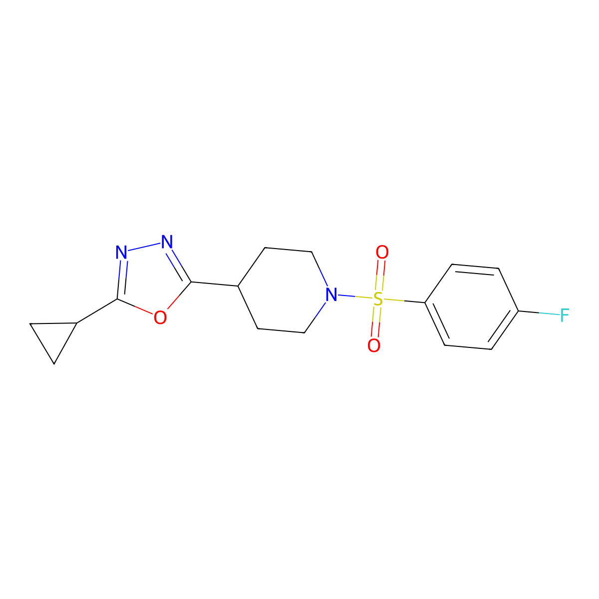 2-Cyclopropyl-5-(1-((4-fluorophenyl)sulfonyl)piperidin-4-yl)-1,3,4-oxadiazole molecular structure, CAS 1208817-89-3