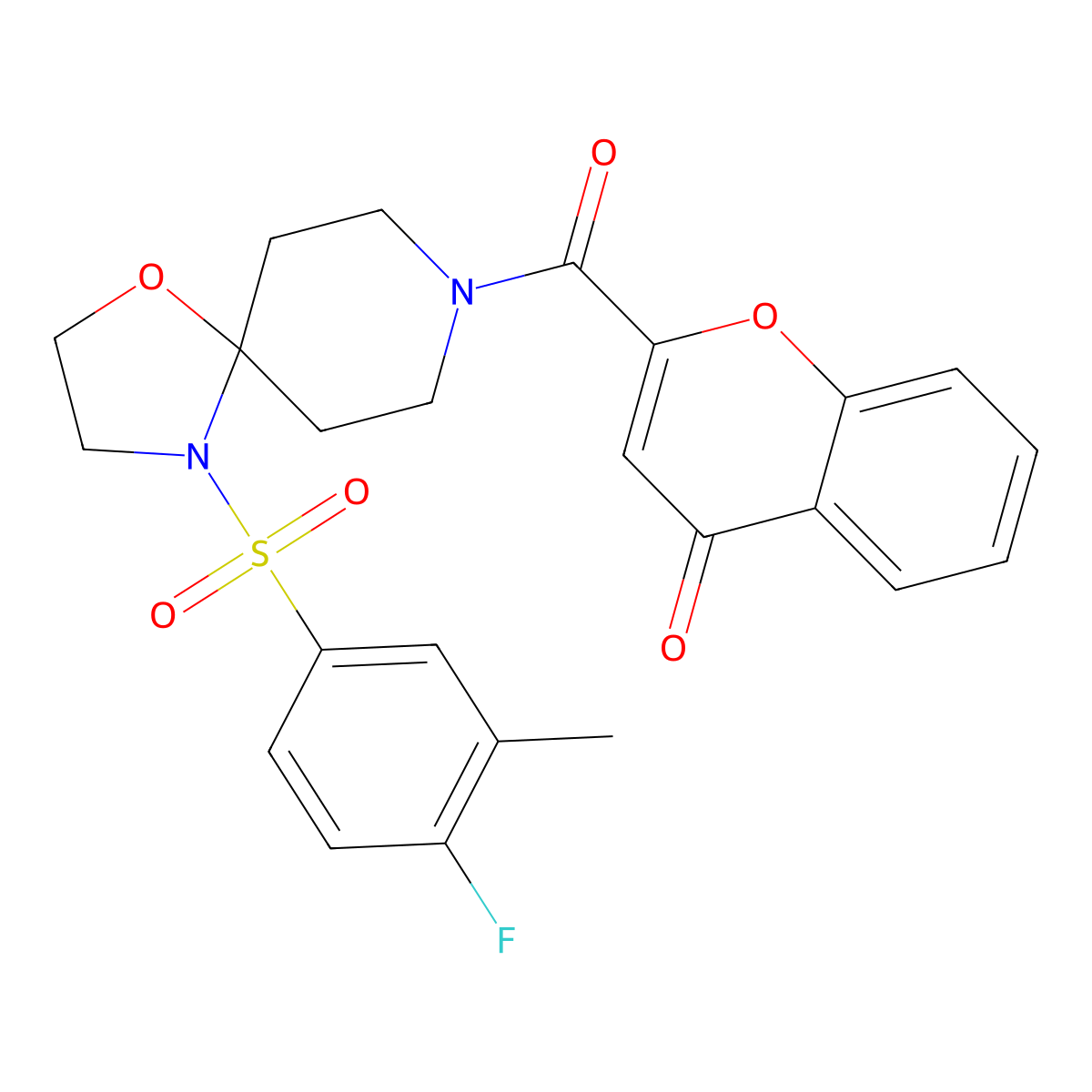 2-(4-((4-fluoro-3-methylphenyl)sulfonyl)-1-oxa-4,8-diazaspiro[4.5]decane-8-carbonyl)-4H-chromen-4-one molecular structure, CAS 1208820-20-5