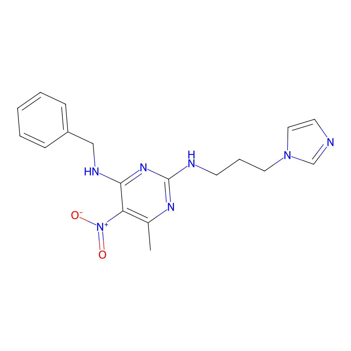 N2-(3-(1H-imidazol-1-yl)propyl)-N4-benzyl-6-methyl-5-nitropyrimidine-2,4-diamine molecular structure, CAS 1208822-65-4