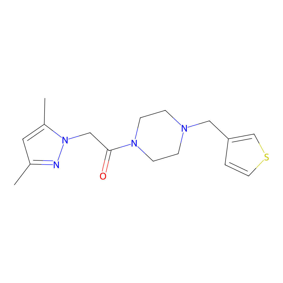 2-(3,5-dimethyl-1H-pyrazol-1-yl)-1-(4-(thiophen-3-ylmethyl)piperazin-1-yl)ethanone molecular structure, CAS 1208830-68-5