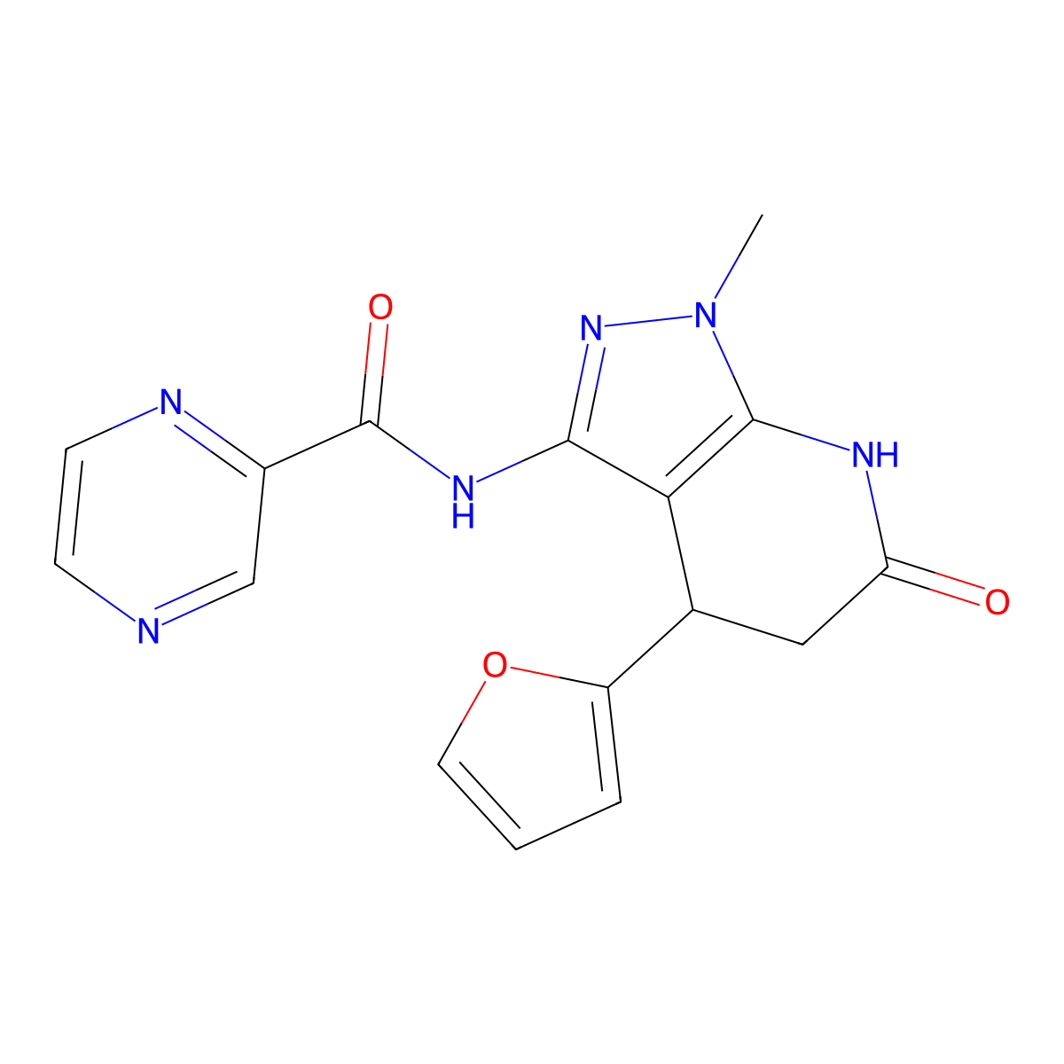 N-(4-(furan-2-yl)-1-methyl-6-oxo-4,5,6,7-tetrahydro-1H-pyrazolo[3,4-b]pyridin-3-yl)pyrazine-2-carboxamide molecular structure, CAS 1208834-90-5