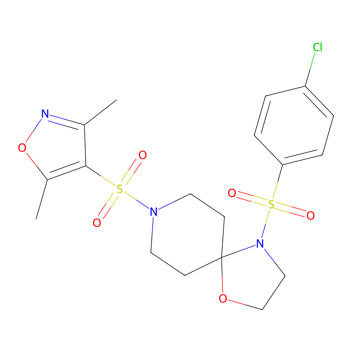 4-((4-Chlorophenyl)sulfonyl)-8-((3,5-dimethylisoxazol-4-yl)sulfonyl)-1-oxa-4,8-diazaspiro[4.5]decane molecular structure, CAS 1208837-71-1