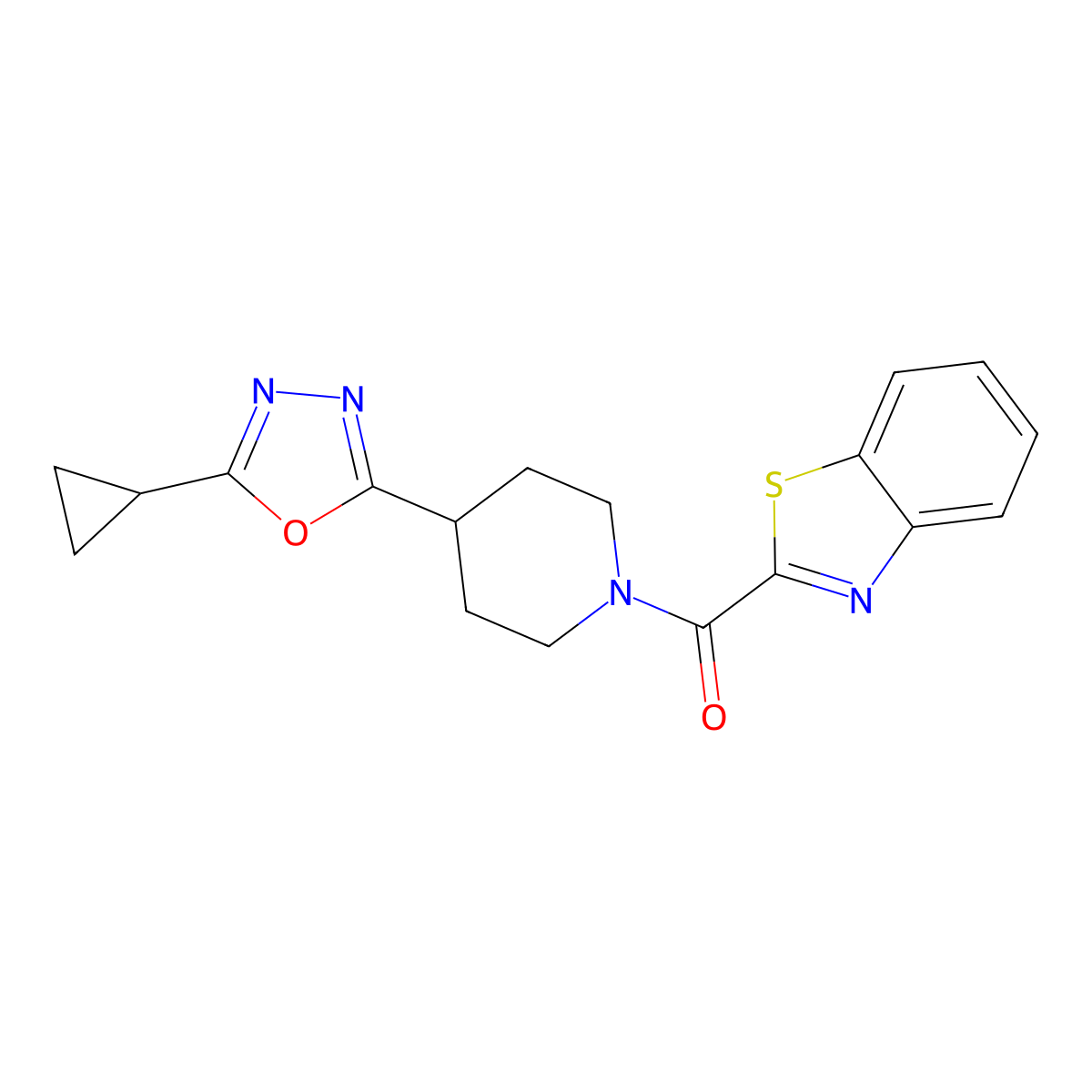 Benzo[d]thiazol-2-yl(4-(5-cyclopropyl-1,3,4-oxadiazol-2-yl)piperidin-1-yl)methanone molecular structure, CAS 1208839-57-9