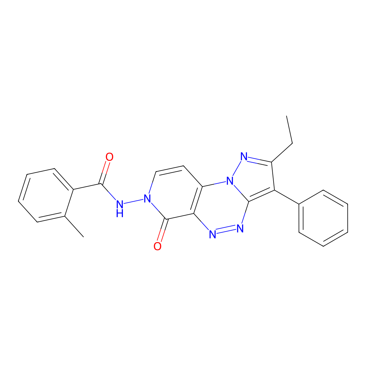 N-(2-ethyl-6-oxo-3-phenylpyrazolo[5,1-c]pyrido[4,3-e][1,2,4]triazin-7(6H)-yl)-2-methylbenzamide molecular structure, CAS 1208843-55-3