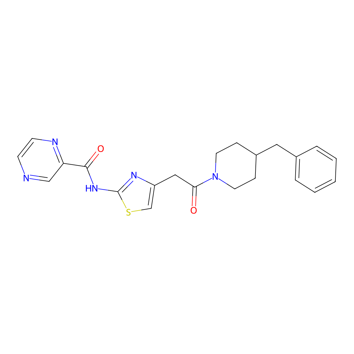 N-(4-(2-(4-benzylpiperidin-1-yl)-2-oxoethyl)thiazol-2-yl)pyrazine-2-carboxamide molecular structure, CAS 1208851-20-0