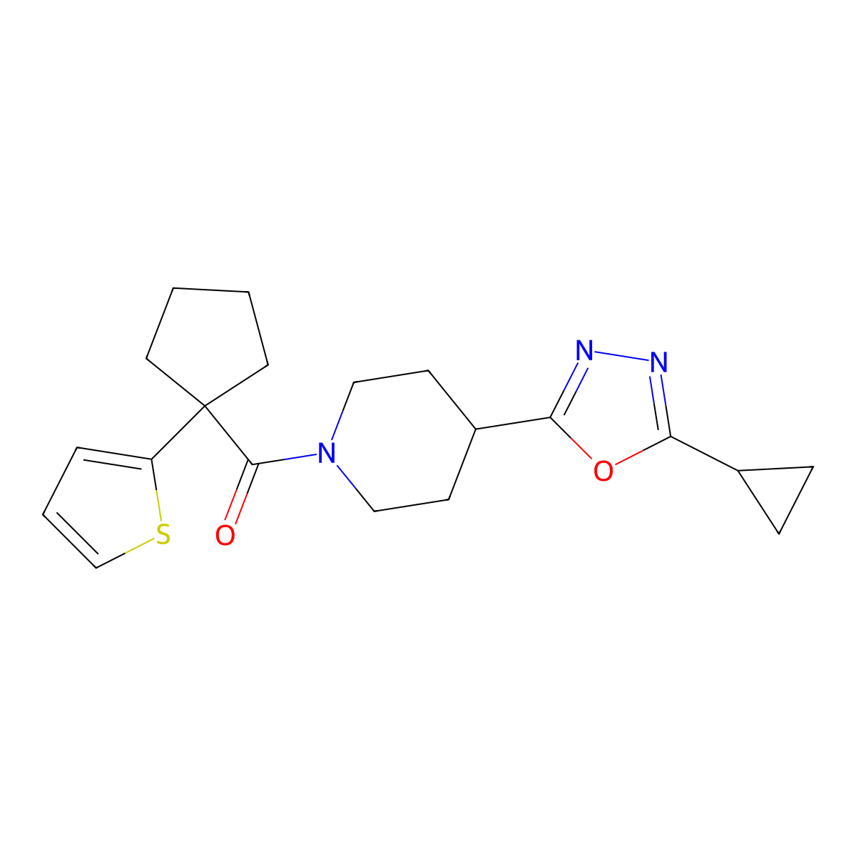 (4-(5-Cyclopropyl-1,3,4-oxadiazol-2-yl)piperidin-1-yl)(1-(thiophen-2-yl)cyclopentyl)methanone molecular structure, CAS 1208857-41-3