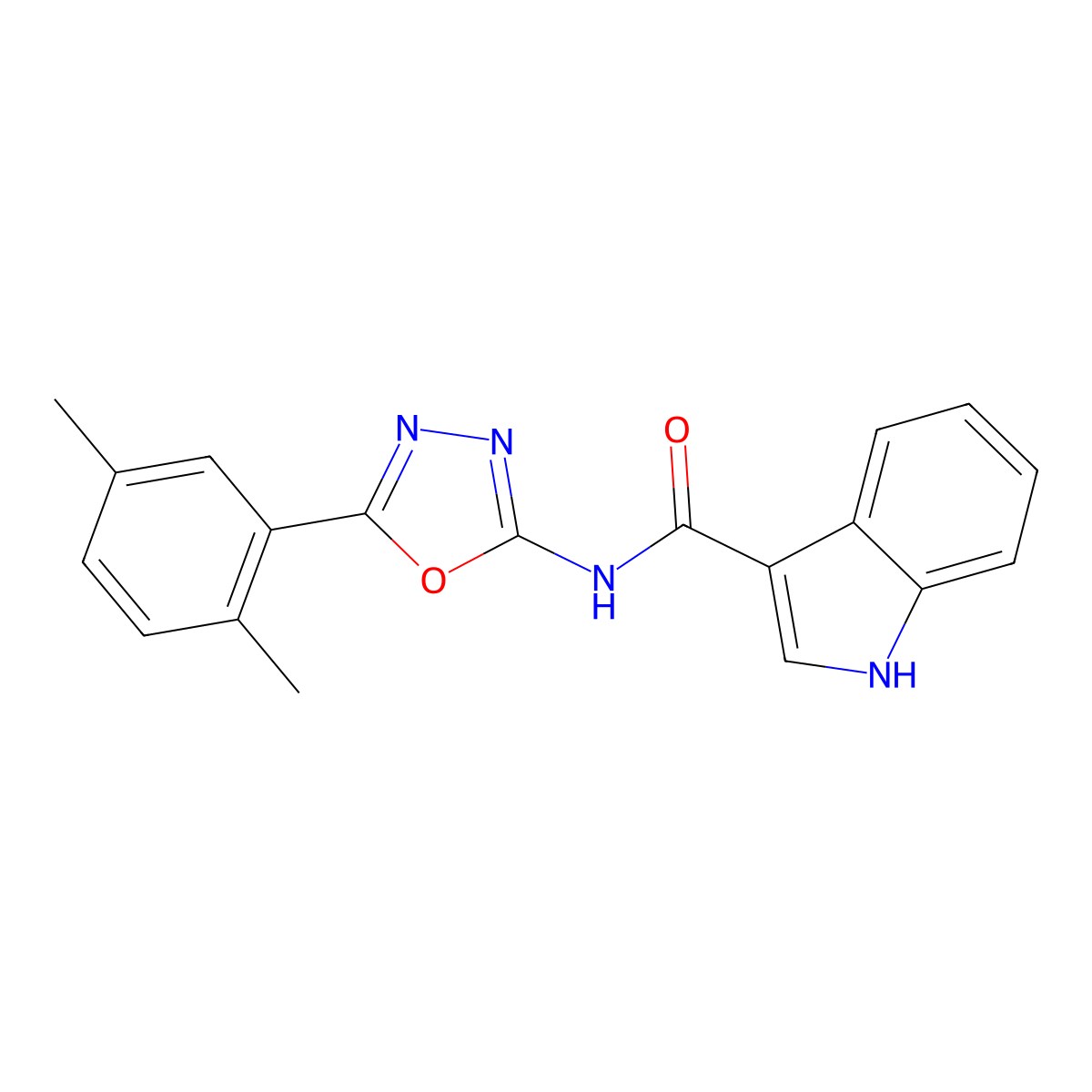 N-[5-(2,5-dimethylphenyl)-1,3,4-oxadiazol-2-yl]-1H-indole-3-carboxamide molecular structure, CAS 1208868-82-9