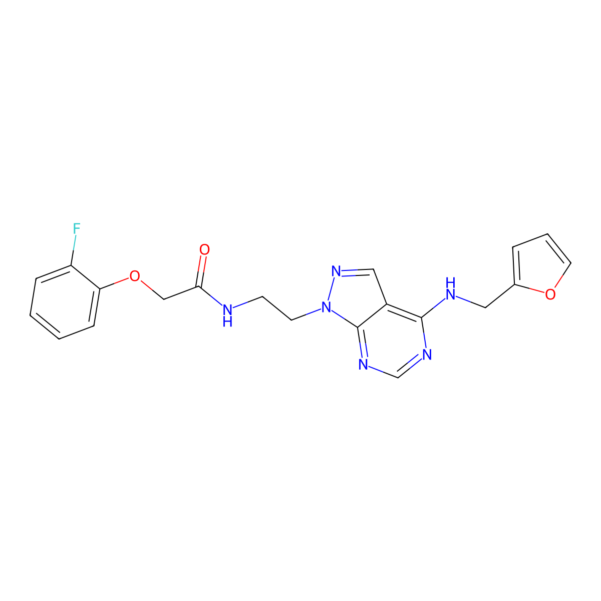 2-(2-fluorophenoxy)-N-(2-(4-((furan-2-ylmethyl)amino)-1H-pyrazolo[3,4-d]pyrimidin-1-yl)ethyl)acetamide molecular structure, CAS 1208875-08-4