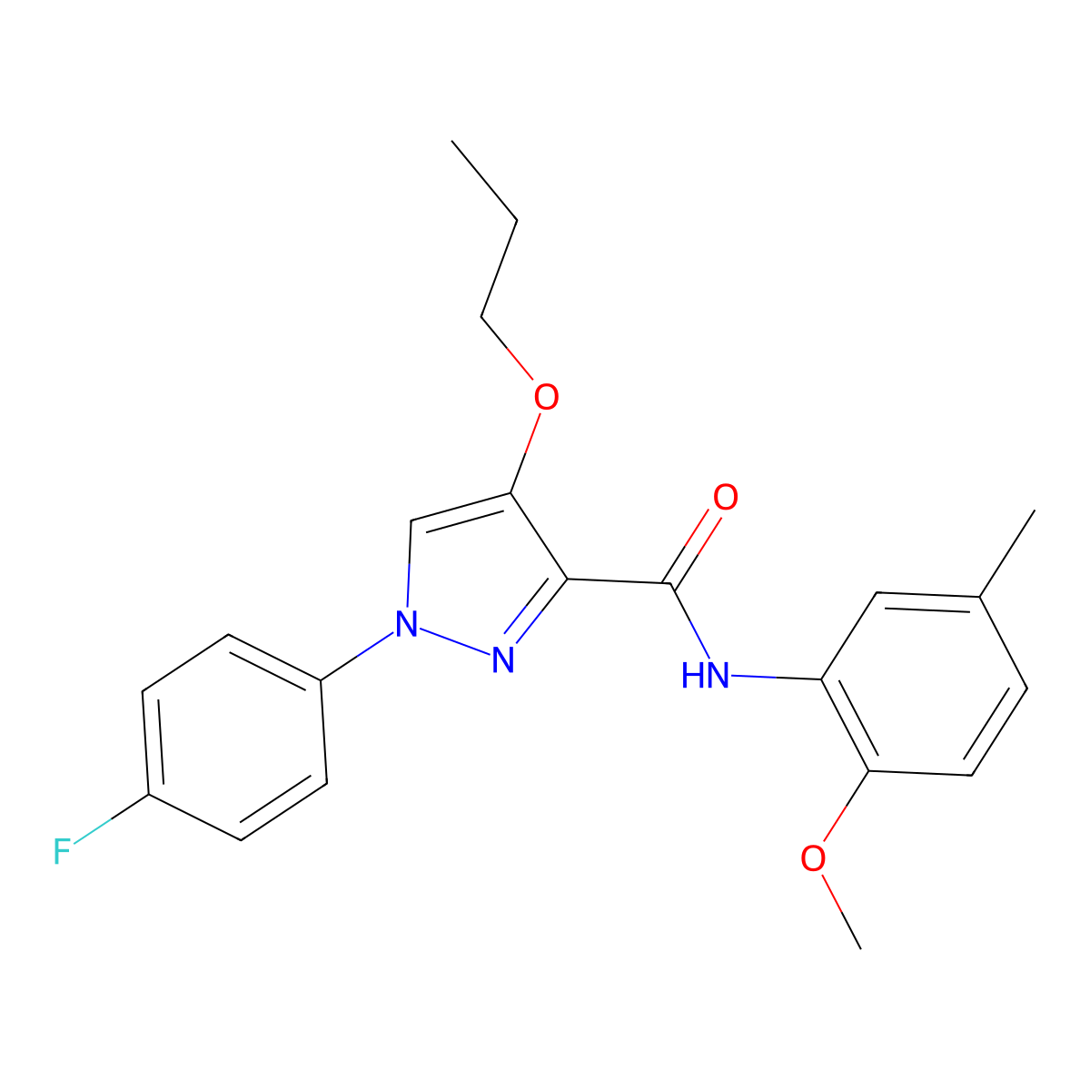 1-(4-fluorophenyl)-N-(2-methoxy-5-methylphenyl)-4-propoxy-1H-pyrazole-3-carboxamide molecular structure, CAS 1208886-90-1