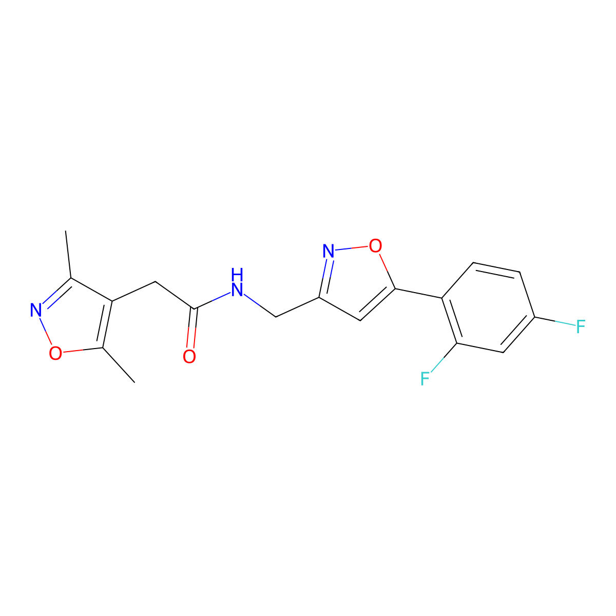 N-((5-(2,4-difluorophenyl)isoxazol-3-yl)methyl)-2-(3,5-dimethylisoxazol-4-yl)acetamide molecular structure, CAS 1208888-58-7