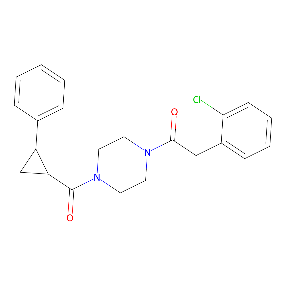 2-(2-Chlorophenyl)-1-(4-(2-phenylcyclopropanecarbonyl)piperazin-1-yl)ethanone molecular structure, CAS 1208898-87-6